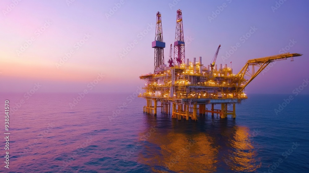 A stunning offshore oil rig illuminated at sunset, surrounded by calm waters and a vibrant sky, showcasing industry and technology.