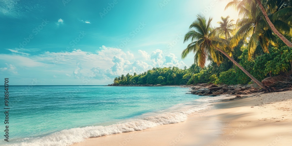 Obraz premium Tropical Beach with Palm Trees and Crystal Clear Water