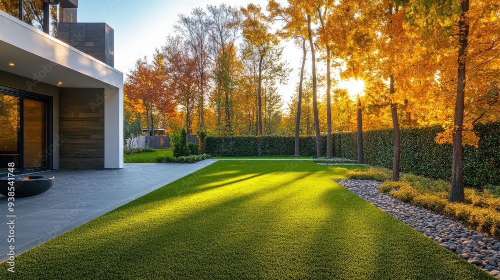 Obraz premium Modern house with large backyard, sunlit autumn trees, and lush green lawn