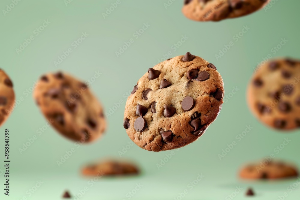 Chocolate chip cookies floating in air on green background. Chocolate chip cookies floating in air on green background.