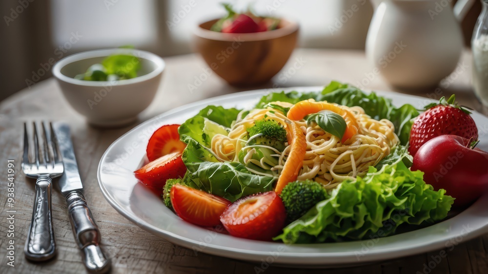 Fresh green salad with crisp lettuce, juicy tomatoes, and cucumbers, a healthy and delicious meal perfect for lunch or dinner Fresh green salad with crisp lettuce, juicy tomatoes, and cucumbers, a healthy and delicious meal perfect for lunch or dinner