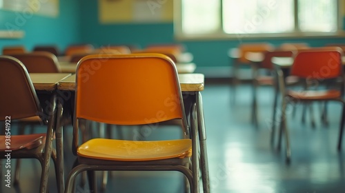 Chairs placed on desks in an empty classroom : Generative AI photo