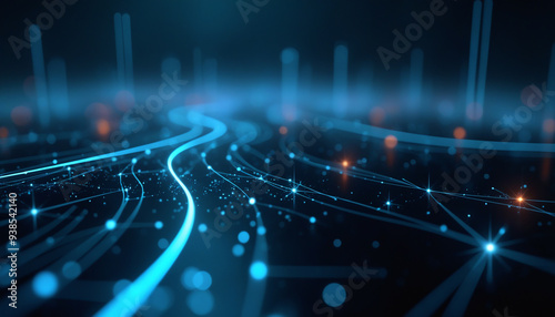 Abstract Blue Network with Illuminated Nodes: An abstract blue network featuring illuminated nodes, symbolizing data connectivity and technological communication.