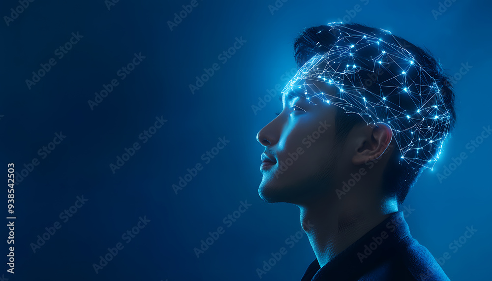 A handsome asia man with glowing digital lines on his head, against a dark blue background A handsome asia man with glowing digital lines on his head, against a dark blue background