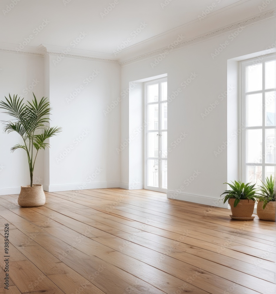 An empty white room with a wooden floor and a potted plant An empty white room with a wooden floor and a potted plant