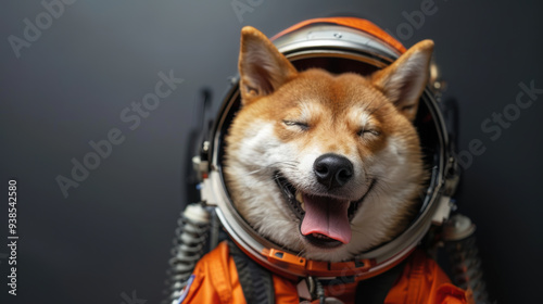 A happy-looking Shiba Inu astronaut in a space suit against a dark background