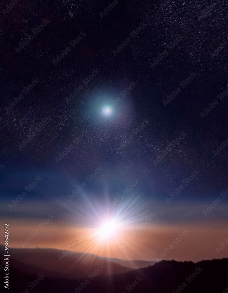 Obraz premium Destellos de sol en atardecer y de luz blanca de la luna llena.