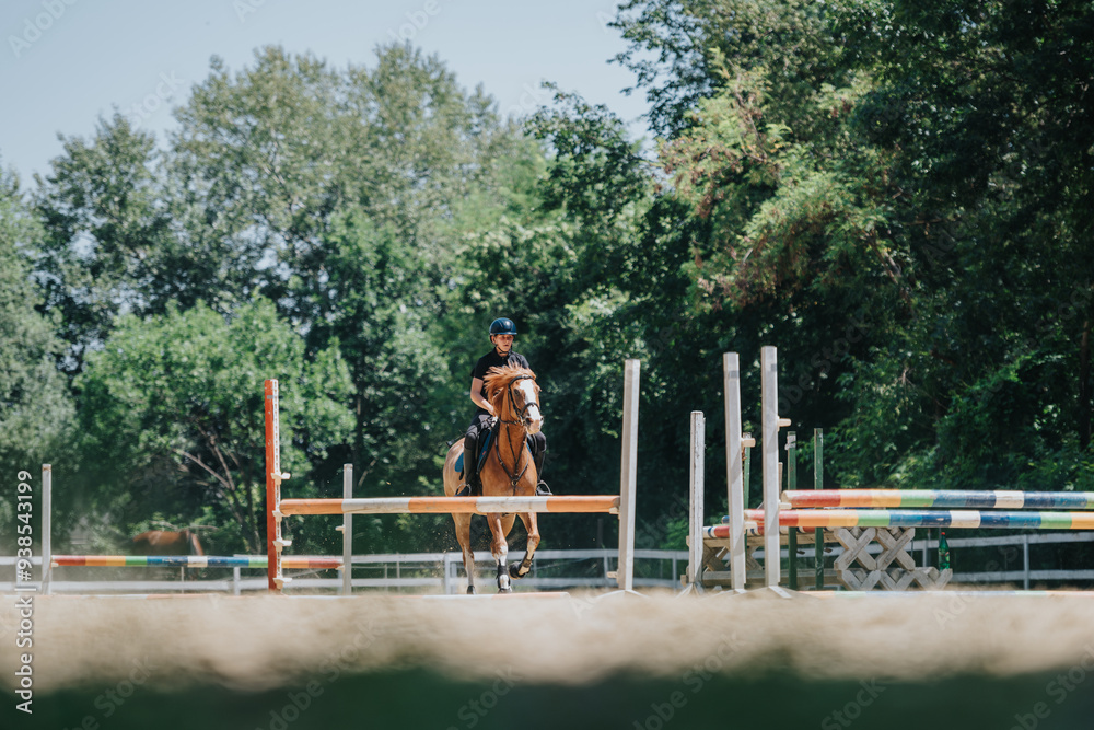 A rider on horseback navigates a jump in an outdoor equestrian arena, showcasing skill and athleticism amidst a natural setting. A rider on horseback navigates a jump in an outdoor equestrian arena, showcasing skill and athleticism amidst a natural setting.