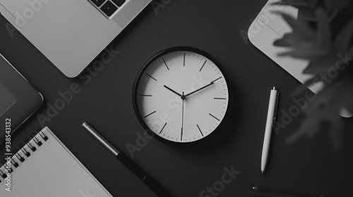 Clock and Office Supplies on a Black Table