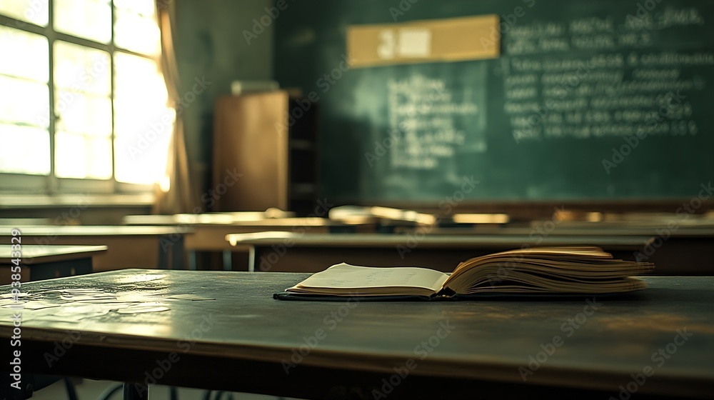Obraz premium Interior of empty classroom with copybook on desk : Generative AI