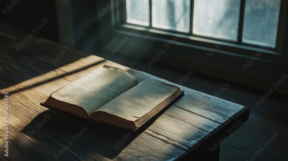 custom made wallpaper toronto digitalAn open book lying on a wooden table, with a soft shadow from a nearby window