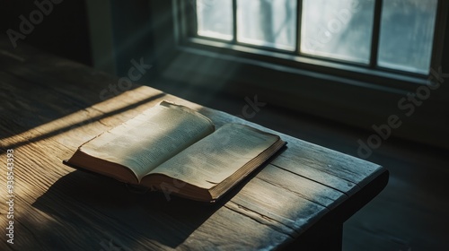 Wallpaper Mural An open book lying on a wooden table, with a soft shadow from a nearby window Torontodigital.ca