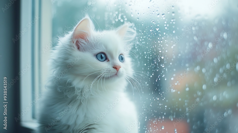 Fototapeta premium A white kitten with sweet eyes and long fur sits on a windowsill inside an apartment on a rainy day Cat looks into the window : Generative AI