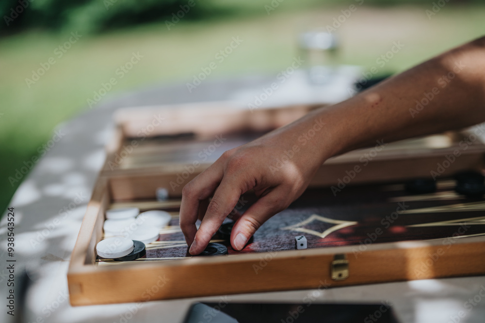 Close-up of hand playing backgammon outdoors on a sunny day Close-up of hand playing backgammon outdoors on a sunny day