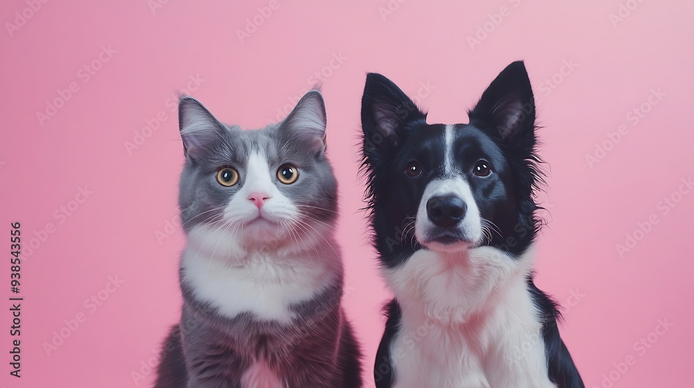 Portrait of a british shorthair cat and a border collie looking at the camera on a pink background : Generative AI Portrait of a british shorthair cat and a border collie looking at the camera on a pink background : Generative AI