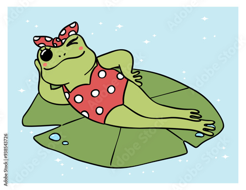 Retro Groovy Summer Frog girl in swimsuit on lotus leaf cartoon character Summer vibe