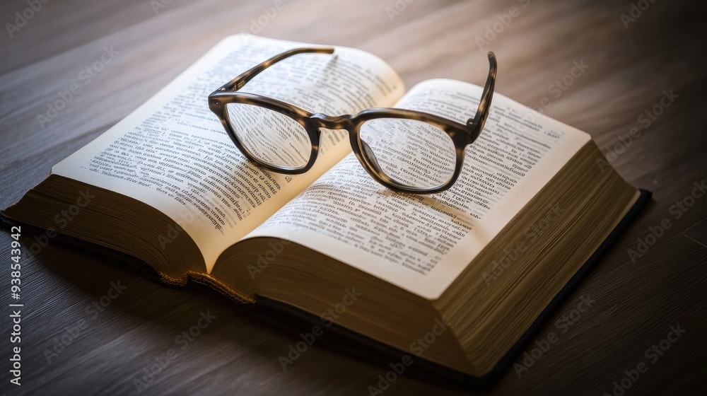 An open book on a wooden desk, with a pair of reading glasses resting on the pages An open book on a wooden desk, with a pair of reading glasses resting on the pages