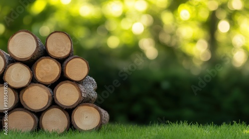 Stack of freshly cut wooden logs on green grass with a blurred natural background, perfect for nature and forestry themes. photo