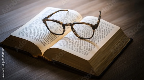 An open book on a wooden desk, with a pair of reading glasses resting on the pages