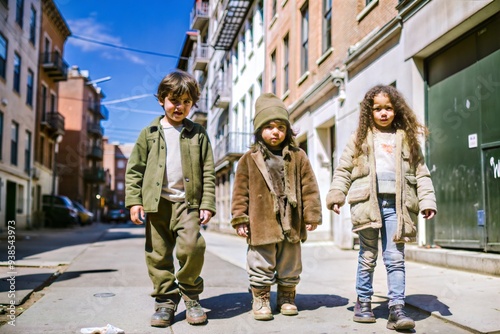 Street children. Homeless children on the street. Poor homeless people. Migrants and immigrants. Hunger and poverty