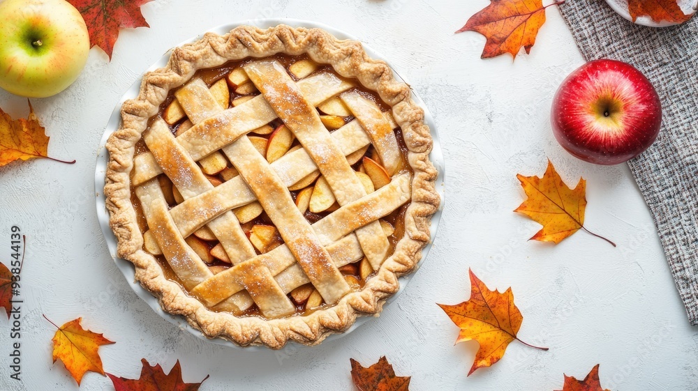 Homemade lattice-top apple pie with autumn leaves and apples Homemade lattice-top apple pie with autumn leaves and apples