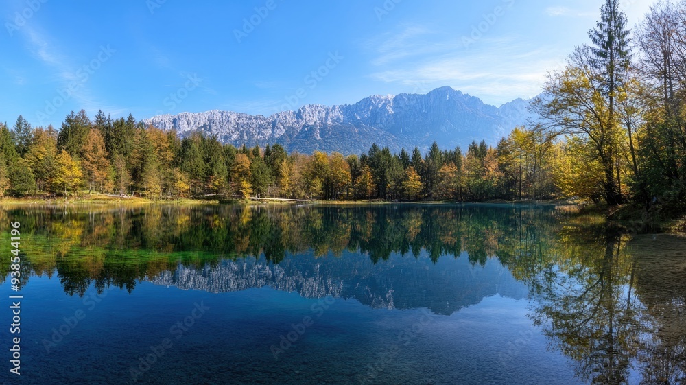 Serene alpine lake surrounded by autumnal forest and mountains Serene alpine lake surrounded by autumnal forest and mountains