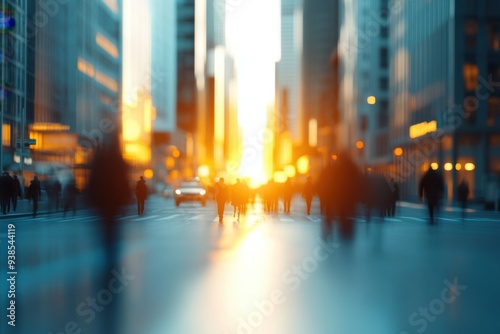 A vibrant cityscape at sunset, showcasing blurred silhouettes of people amidst towering buildings and glowing orange light.