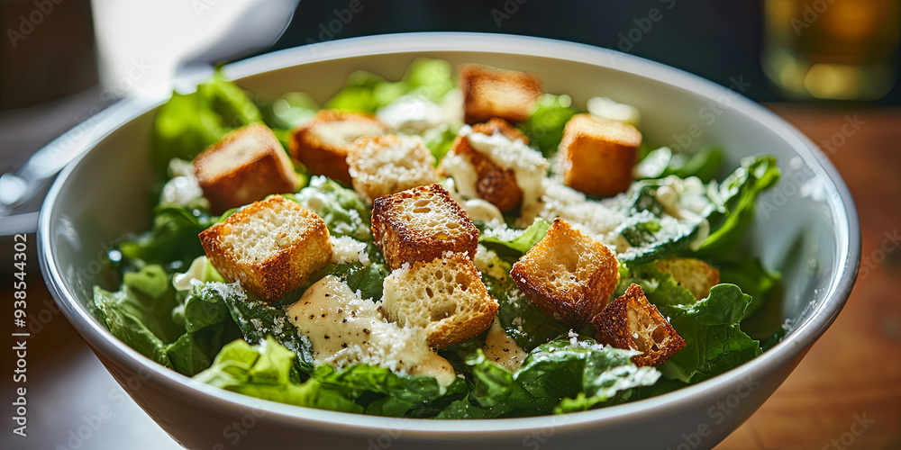 A bowl of Caesar salad with croutons and Parmesan cheese on top, generative AI