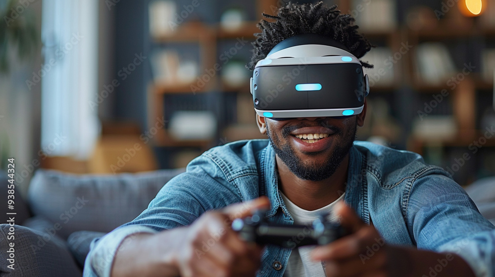Man wearing VR glasses playing a video game in a modern living room, excited smile Man wearing VR glasses playing a video game in a modern living room, excited smile