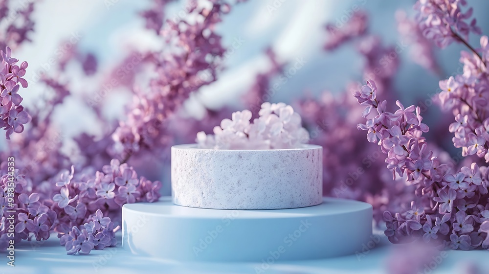 Cosmetics skin care product presentation scene and display made with pumice stone podium and lilac flowers Studio photography : Generative AI Cosmetics skin care product presentation scene and display made with pumice stone podium and lilac flowers Studio photography : Generative AI