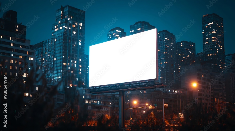 Blank white billboard on city buildings background at night front view Mockup advertising concept : Generative AI