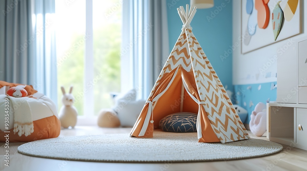 Modern nursery room interior with play tent for kids : Generative AI Modern nursery room interior with play tent for kids : Generative AI