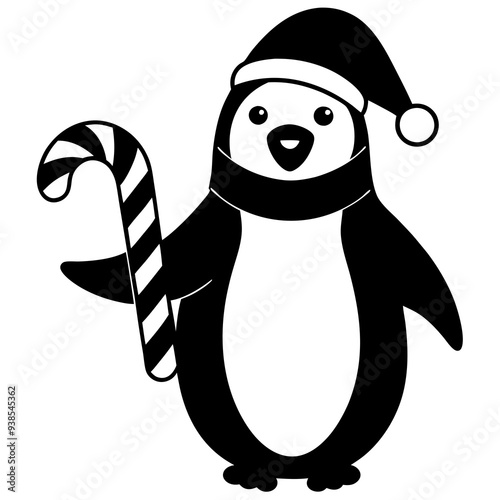 A Penguin wearing a Santa hat and scarf holding vector illustration