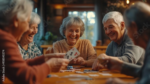 Group of happy seniors having fun while playing cards at home : Generative AI