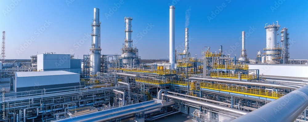 A modern industrial facility showcasing towering structures, pipelines, and equipment against a clear blue sky. A modern industrial facility showcasing towering structures, pipelines, and equipment against a clear blue sky.
