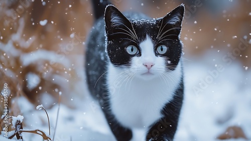 winter portrait of black and white cat with funny coloring walking outdoors pet on background of snowy nature : Generative AI