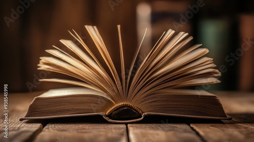 An open book with pages turning, captured in mid-motion, set against a wooden table