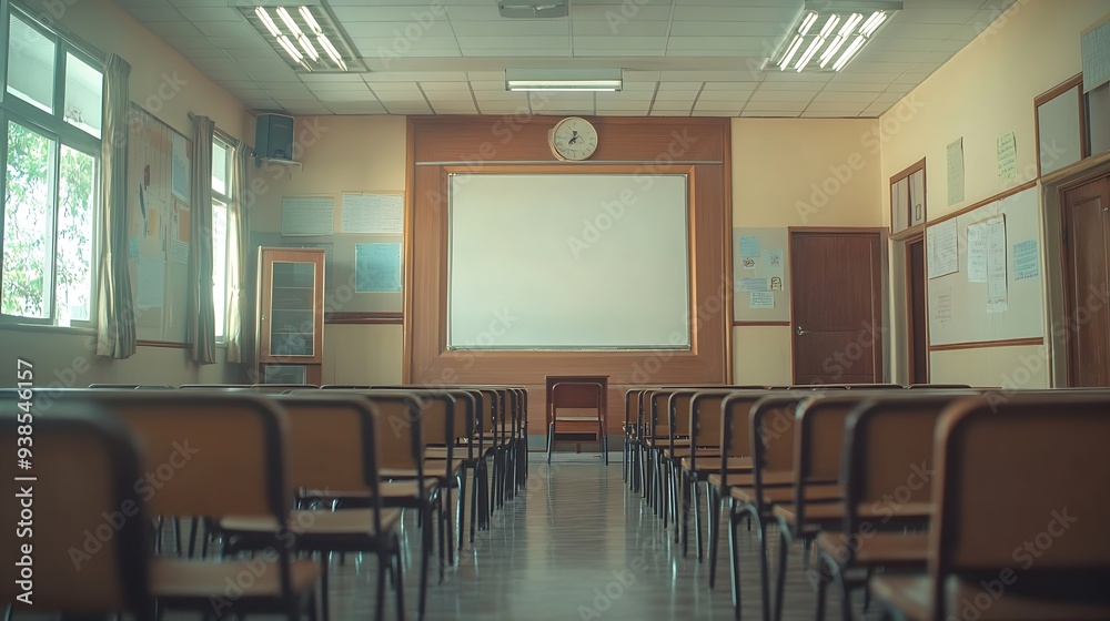 Fototapeta premium Lecture room or School empty classroom with desks and chair iron wood for studying lessons in high school Thailand interior of secondary education with whiteboard vintage tone educatio : Generative AI