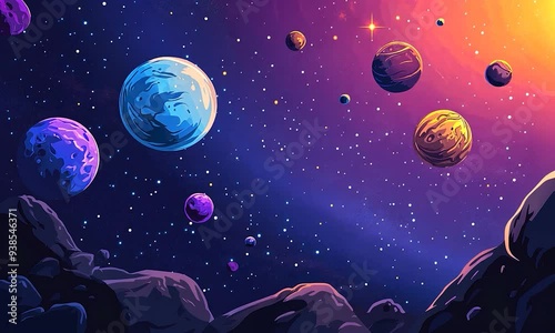 2D illustration in a cartoon style depicting deep space with stars planets and moons A variety of imaginative science fiction backdrops showcasing alien solar systems
