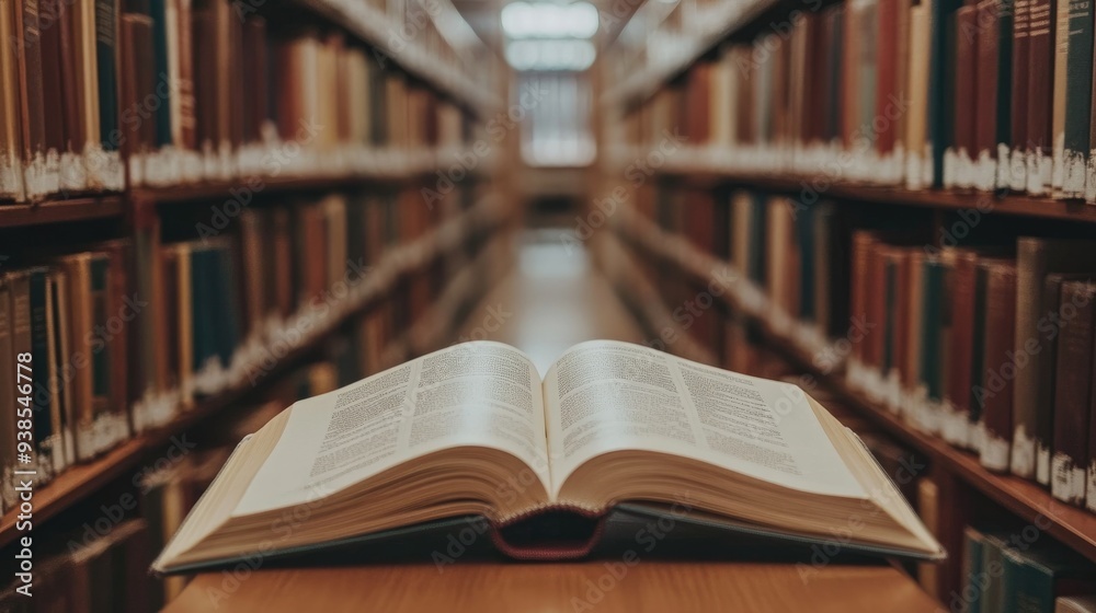 Books neatly arranged on a school shelf, with an open book highlighting a learning environment Books neatly arranged on a school shelf, with an open book highlighting a learning environment