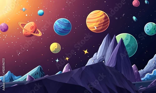 2D illustration in a cartoon style showcasing a vast space scene with stars planets moons and imaginative science fiction backdrops Alien solar systems and celestial elements depicted