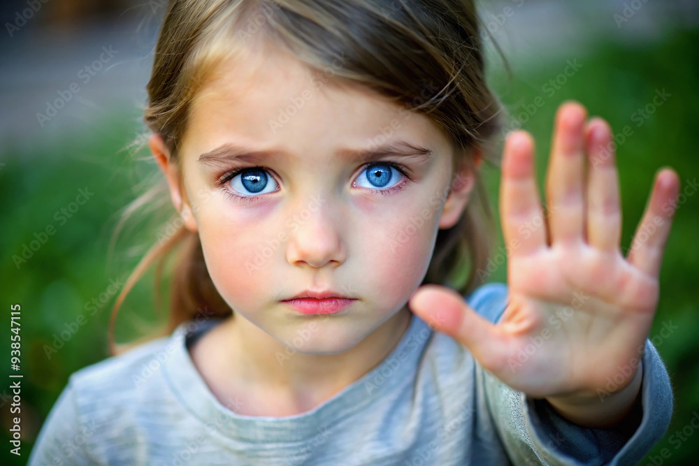 Young girl with blue eyes gesturing stop with her hand Young girl with blue eyes gesturing stop with her hand