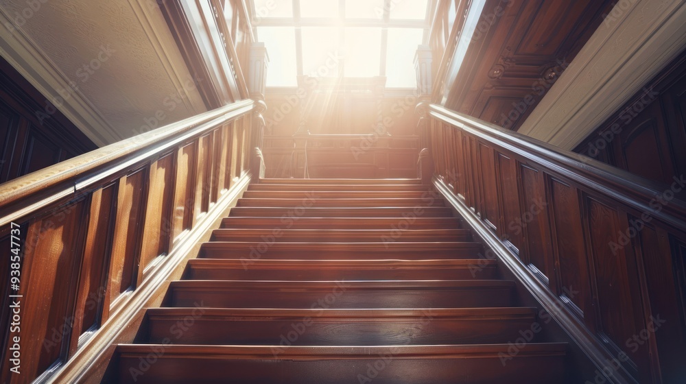 Wooden Staircase Leading Upwards with Sunlight Streaming Through a Window Wooden Staircase Leading Upwards with Sunlight Streaming Through a Window