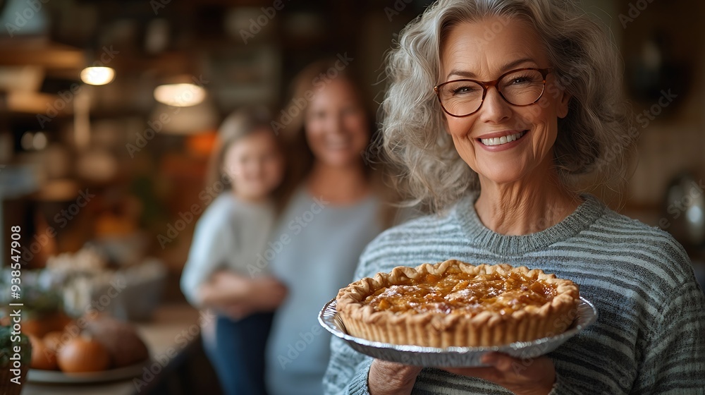 Happy mature woman holding baked Thanksgiving pie and looking at camera Her family is in the background : Generative AI Happy mature woman holding baked Thanksgiving pie and looking at camera Her family is in the background : Generative AI