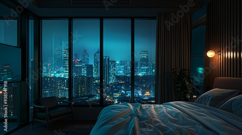 hotel room overlooking the city at night photo