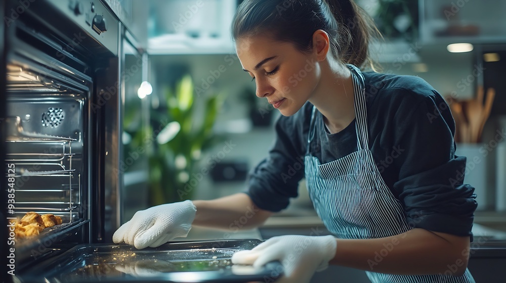 Woman cleaning modern oven in kitchen : Generative AI Woman cleaning modern oven in kitchen : Generative AI