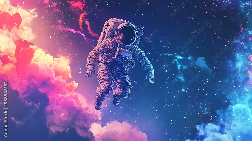 Fototapeta premium Astronaut Floating Amidst Cosmic Clouds
