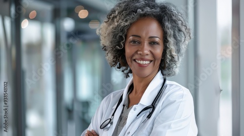 Elderly Afro-American female doctor in white professional clothes ,woman smiling