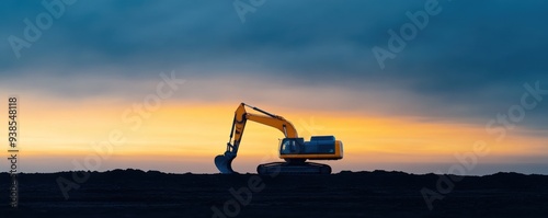 A silhouette of an excavator against a stunning sunset, showcasing the blend of machinery and nature at dusk. #938548118