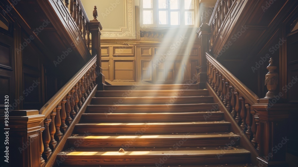 Obraz premium Sunlight Illuminating a Wooden Staircase